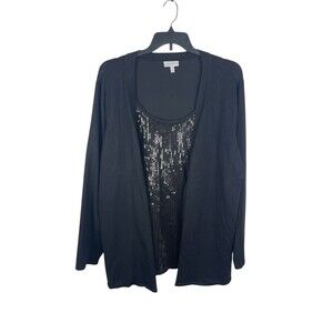 Fashion Bug Women’s 3X Black Attached Sequin Tank Top Cardigan Knit Sweater